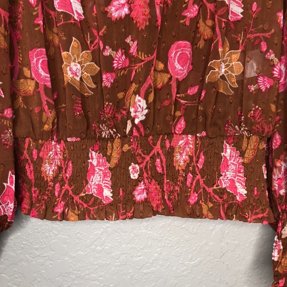 JOIE Pink And Brown Floral Polyester Smocked cuffs/Hem Blouse - Picture 6 of 8